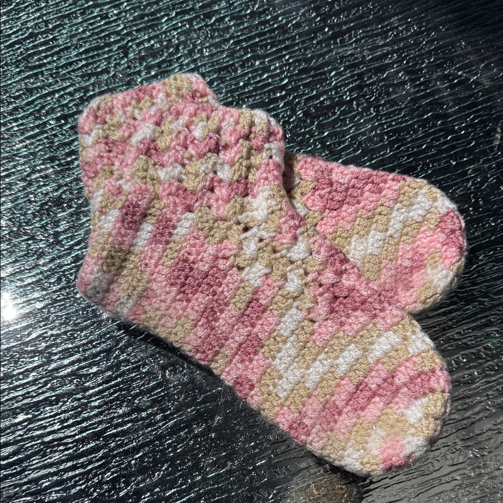 Cozy Pink and Beige Knit Socks Crotchet Handmade NWOT